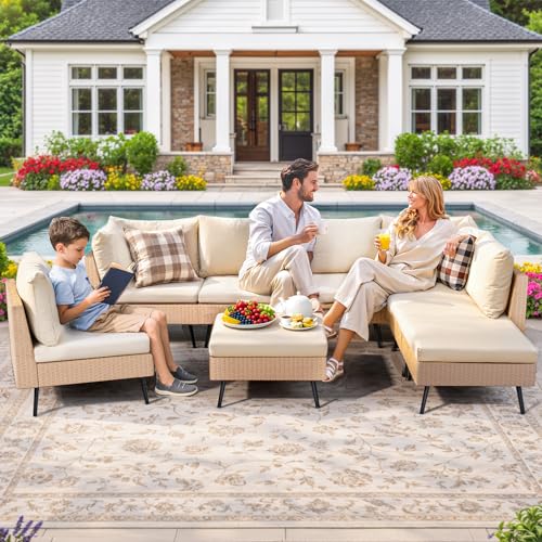 8-Piece Wicker Outdoor Furniture Set, All-Weather Patio Conversation Set with Thick Cushions & 2 Multi-Use Ottomans, Sectional Sofa Patio Furniture Set for Backyard, Porch, Beige