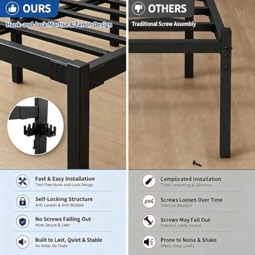 Full Size Metal Bed Frame with Headboard, Metal Slats, Black, view 7