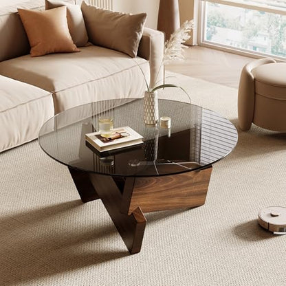 Modern Round Coffee Table, 30.7" x 30.7" x 16.1" Tempered Glass Top for Living Room, Color: Walnut
