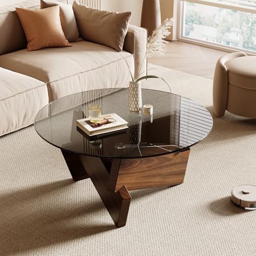 Modern Round Coffee Table, 30.7" x 30.7" x 16.1" Tempered Glass Top for Living Room, Color: Walnut