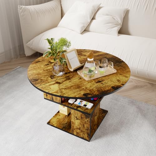 Round Coffee Table with Storage,3-Tier Coffee Table for Living Room,Wooden Tabletop-Caramel Brown with Black Frame
