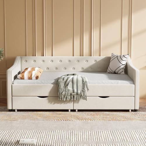 81" Upholstered Tufted Sofa Bed - Deep Seat Pull-Out with Breathable Fabric, Two Drawers for Living Room, Beige
