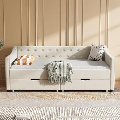 81" Upholstered Tufted Sofa Bed - Deep Seat Pull-Out with Breathable Fabric, Two Drawers for Living Room, Beige