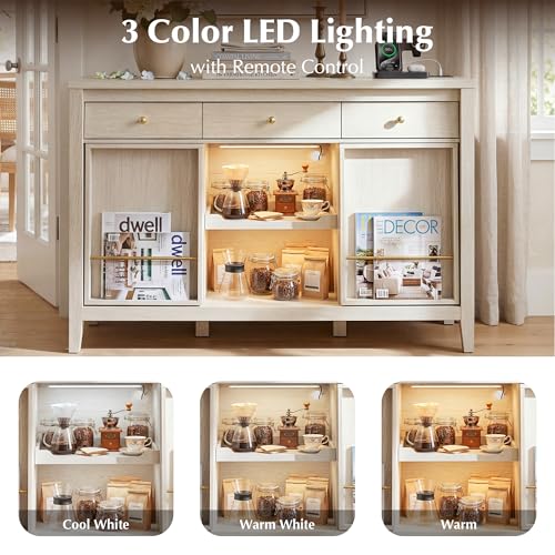 Buffet Cabinet with Storage, Modern Sideboard Cabinet with 3 Drawers, 2 Sliding Doors & Pull-Out Shelf, Coffee Bar Cabinet with Charging Station, White