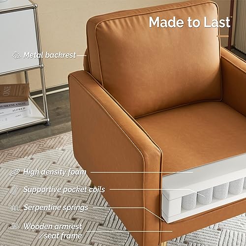 Modern PU Leather Accent Chair for Living Room,Bedroom Comfy Chair Arm Chair Reading Chair with Golden Metal Legs and Deep Seat for Office,Apartment,Small Space,Cognac