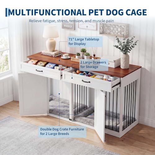 71'' Double Dog Crate Furniture for 2 Dogs, Dog Crate with 2 Drawer, view 5