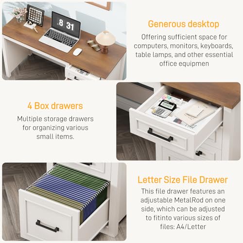 Farmhouse 49” Executive Desk with File Drawer, White Brown, view 4