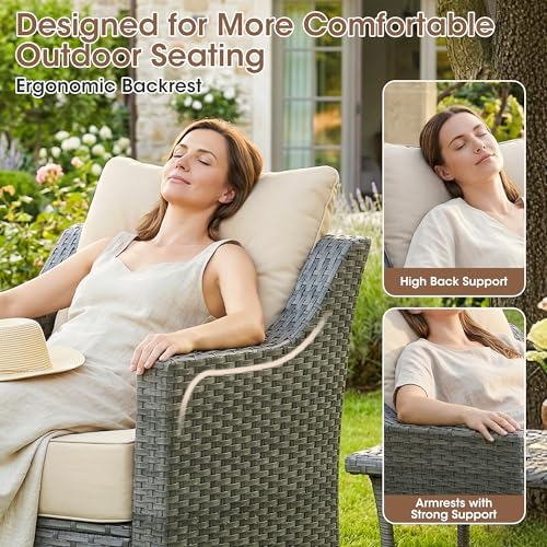 5 Piece Patio Furniture Set with Fire Pit, Grey Wicker Outdoor Conversation Set with 2 Swivel Rocker Chairs, 2 Sofas and Rectangular 60,000 BTU Fire Pit Table, Beige Covers for Patio