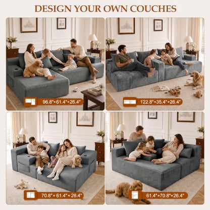 96.8" Cloud Modular Sectional Sofa Boneless Couch with L Shaped Chaise, Modern Corduroy Upholstered Deep Seat Couches Lounge with 5 Pillows for Living Room Bedroom(Dark Gray, Left Facing Chaise)