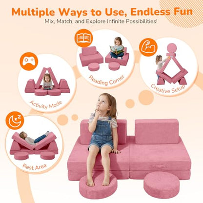 Kids Couch for Playroom, Corduroy Convertible Toddler Couch, 8 Piece Modular Play Sofa, Foam Fort Building Set for Child Room Furniture, Pink