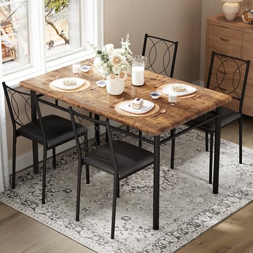 Dining Table Set for 4, Small Kitchen Table with Upholstered Chairs, Farmhouse Wood Dining Table Chairs for Kitchen Room, Small Spaces, Apartment, Brown