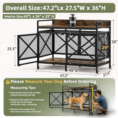 48" Dog Crate Furniture with Wheels, Brown, view 3