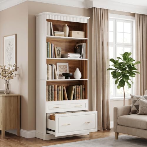 72.8-Inch Tall 4-Shelf Bookcase with 2 Drawers, view 2