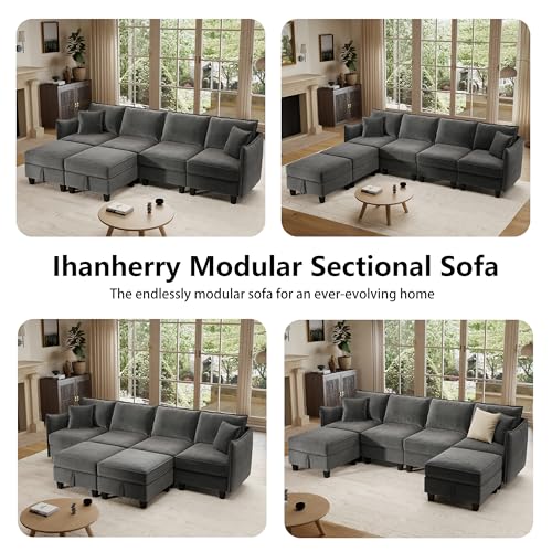 112" Modular U-Shaped Sectional Sofa, Modern 6-Seat Cloud Couch with 2 Storage Ottomans, Comfy Chenille Convertible Furniture Set for Living Room, Apartment, Easy Assembly, Dark Grey