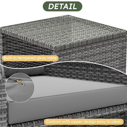 Balcony Furniture Set 5 Piece Patio Conversation Set, PE Wicker Outside Furniture with Soft Cushions & Coffee Table, Outdoor Lounge Chairs with Ottoman for Porch, Lawn, Balcony, Grey-Grey