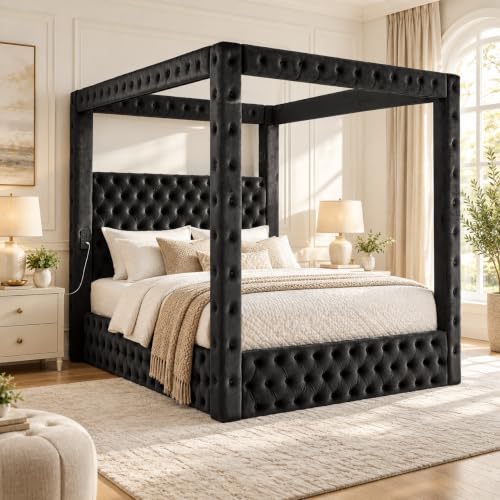 Black Queen Size Canopy Bed Frame with Velvet Upholstered Headboard, view 2