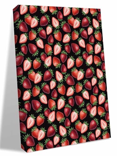 NuYeBiofx Summer Strawberry on Black Canvas Wall Art Prints,48"x32" Framed Picture Artwork Farmhouse Fruit Seamless Printed Canvas Oil Painting for Living Room Bedroom Office,Ready to Hang
