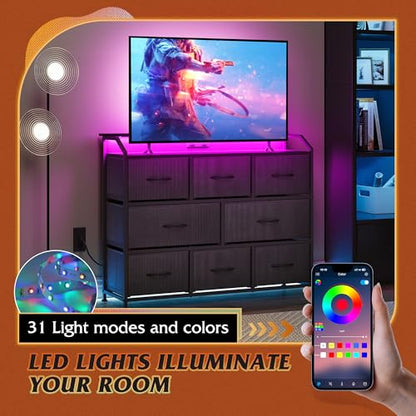 Dresser for Bedroom, 8 Drawer LED Dresser with Outlet, Black, view 7