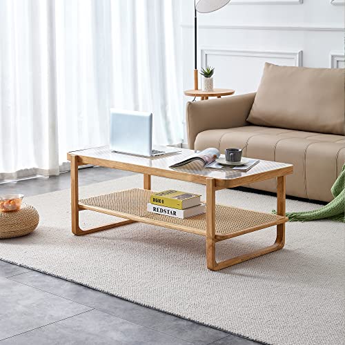 Rattan Coffee Table with Tempered Glass Top,Wood Coffee Table for Living Room,Glass Top with Imitation Rattan Storage Shelf, Rectangle Coffee Table for Living Room