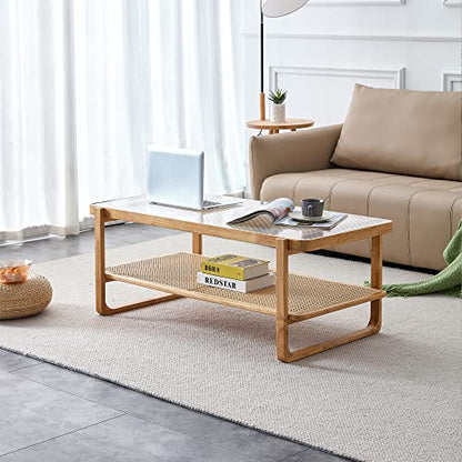 Rattan Coffee Table with Tempered Glass Top,Wood Coffee Table for Living Room,Glass Top with Imitation Rattan Storage Shelf, Rectangle Coffee Table for Living Room