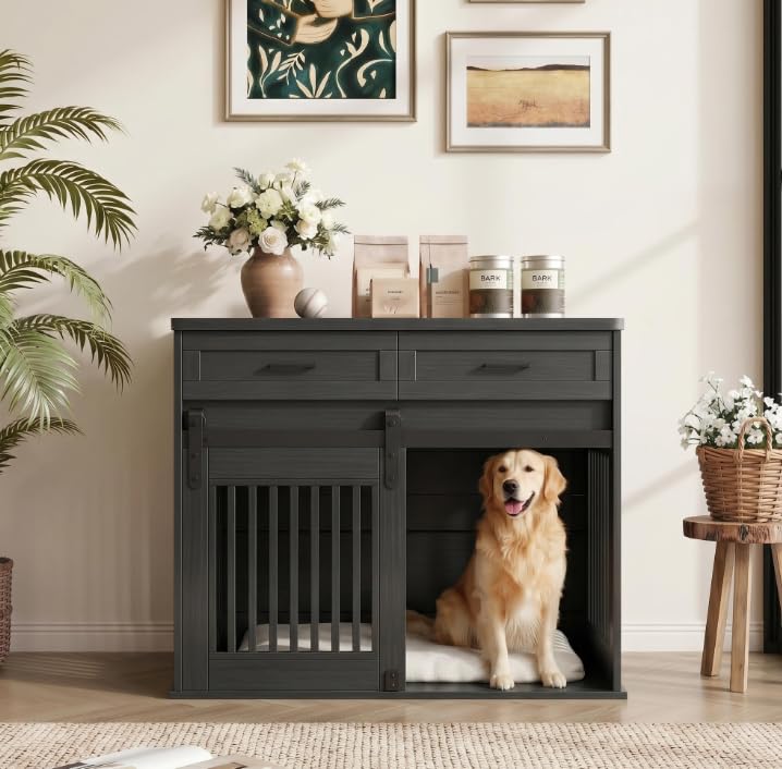 44.5" Dog Crate Furniture with Storage Drawers,Wooden End Table