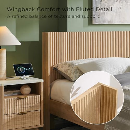 Fluted King Size Bed Frame with Wingback Headboard, Footboard Storage Bench with Built-in Drawers & Lift-Up Compartments, Wood & Steel Platform Bed, No Box Spring Needed, Natural Oak