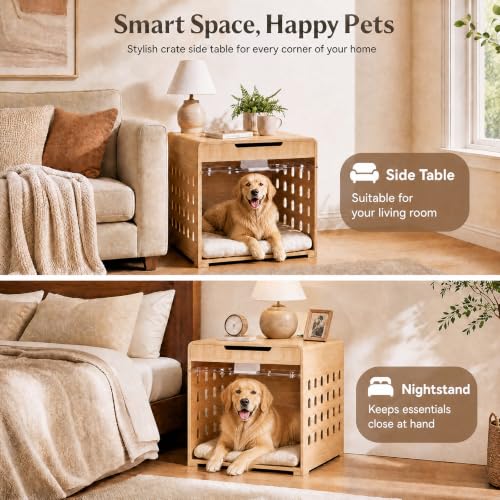 Modern Dog Crate Furniture Wooden Kennel Charging Station End Table Oak, view 4