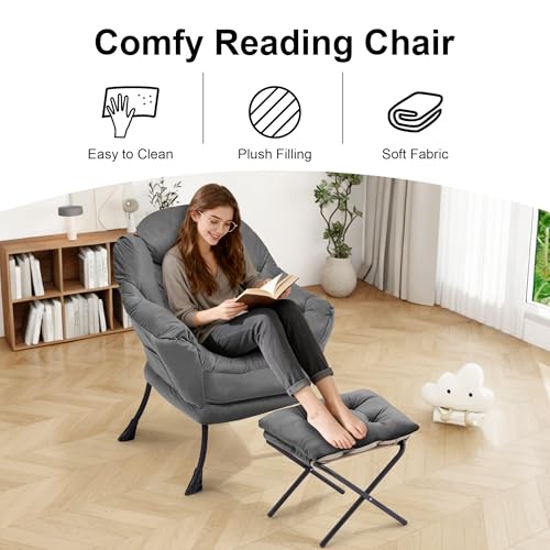 Lazy Chair with Ottoman, Modern Accent Lounge Chair with Side Pocket and Armrests, Cozy Reading Armchair with Footrest, Upholstered Sofa Chair for Small Spaces, Bedroom Living Room, Dark Grey