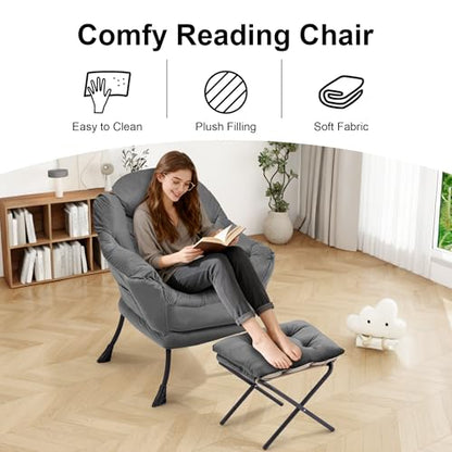 Lazy Chair with Ottoman, Modern Accent Lounge Chair with Side Pocket and Armrests, Cozy Reading Armchair with Footrest, Upholstered Sofa Chair for Small Spaces, Bedroom Living Room, Dark Grey
