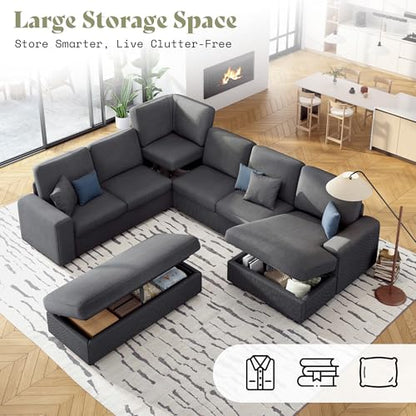 129 Inch Sectional Couches for Living Room,Sectional Sofa with Storage & Ottoman,Modular Sectional Couch Converts to Sleeper,Cloud Couch Sectional for Large Space with Corduroy,Grey