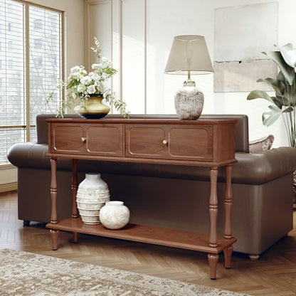 Console Table with Drawers for Entryway, Mid-Century Entryway Table with Storage, Brown Narrow Entryway Table with Open Shelf Behind Sofa for Living Room, Foyer, Hallway