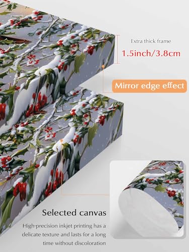 NuYeBiofx Christmas Red Bird on Tree Branch Canvas Wall Art Prints,30"x20" Framed Picture Artwork Winter Berry Snow Scenery Printed Canvas Oil Painting for Living Room Bedroom Office,Ready to Hang