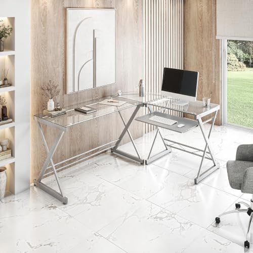 L Shaped Desk with Keyboard Tray & Tempered Glass Desktop, view 4