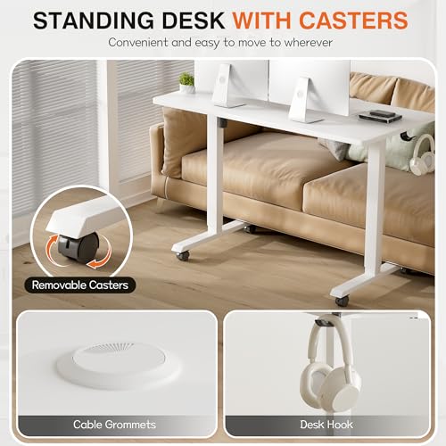 Electric Standing Desk, 47 x 24 Inches Height Adjustable Desk with Removable Casters, Home Office Computer Desk (White)