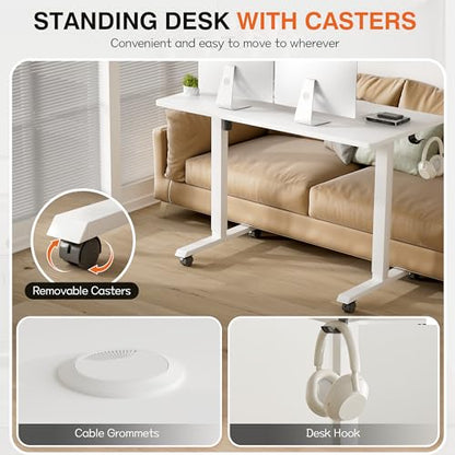 Electric Standing Desk, 47 x 24 Inches Height Adjustable Desk with Removable Casters, Home Office Computer Desk (White)