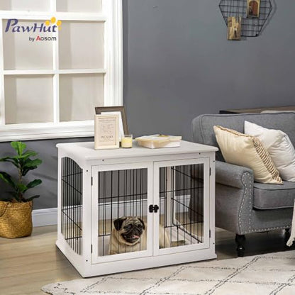 Dog Crate Furniture 32" Small Dog Cage End Table with 2 Doors White, view 3