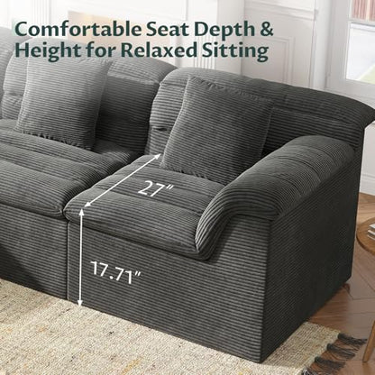 112" Modular Cloud Sectional Couch with Ottoman, Modern Upholstered Compressed Sofa with Deep Seat, Comfy L-Shape Corduroy Couches for Living Room, No Assembly Required, Dark Gray