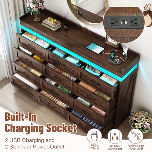 71" Wide 46" Tall Large Farmhouse 12 Drawers Dresser for Bedroom with LED Light, view 5