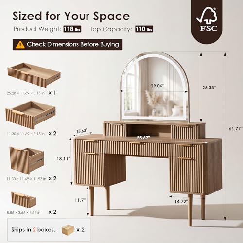 55.7" Fluted Vanity Desk with Arched Mirror, Modern Makeup Vanity, Oak, view 3