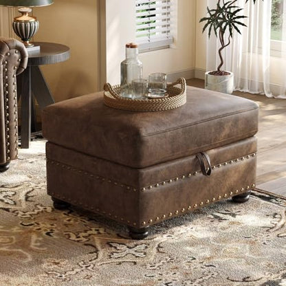 Faux Leather Ottoman with Storage, Rectangle Ottoman Coffee Table with Nailhead Trim, Solid Wood Legs, Oversized Upholstered Footrest Stool for Living Room, Bedroom, Apartment, Brown