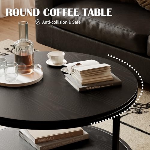 36" Coffee Tables with Storage, 2-Tier Round Coffee Table, Center Table for Living Room, Furniture for Small Spaces, Black