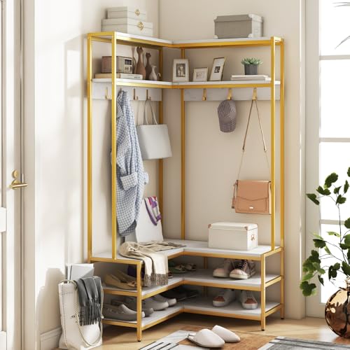 Corner Coat Rack with Shoe Bench, L-Shaped Garment Rack with 5 Shelves & 7 Hooks, Heavy Duty Freestanding Clothes Racks Entryway Bench with Shoes Organizer for Hallway (White & Gold)