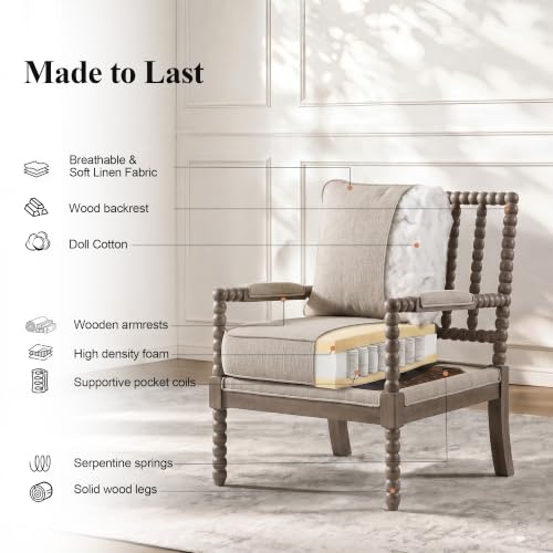 Linen Fabric Spindle Accent Chair with Wood Frame,Modern Accent Chairs with Padded Spring Seat and Brushed White Base for Living Room Bedroom Farmhouse Home Office Belcony