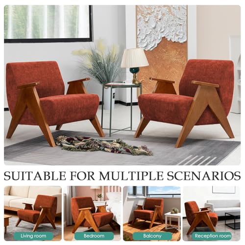 Home Accent Chair Mid Century Modern Accent Chair with Wood Frame, Lounge Upholstered Armchair, Reading Chair, Sturdy Base,For Living Room, Bedroom,Office,Comfy Guest Waiting Room Chairs,Orange