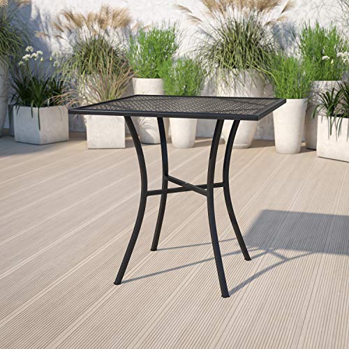 Oia 28" Commercial Grade Steel Patio Table, Modern Square Rain Flower Design Outdoor Dining Table, Black