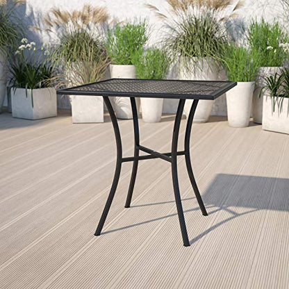 Oia 28" Commercial Grade Steel Patio Table, Modern Square Rain Flower Design Outdoor Dining Table, Black