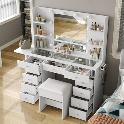 Vanity Desk with Power Outlet, 11 Drawers Makeup Vanity with Lighted Mirror, 3 Colors Adjustable, Glass Top Vanity with Chair, 4 Shelves and Fold-up Panel, Dressing Table for Bedroom, White