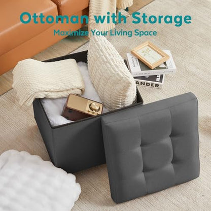 Ottoman with Storage, Square Storage Ottoman for Dorm, Linen Folding Ottoman Foot Stool with Legs for Living Room and Bedroom, 17.7"x17.7"x20" - Gray