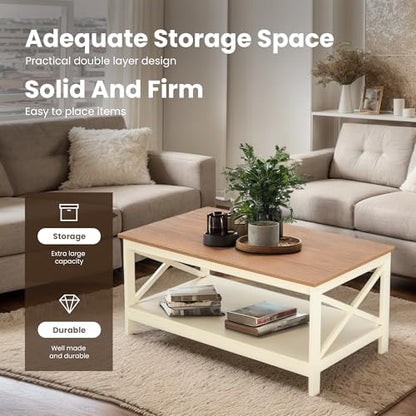 Farmhouse Coffee Table for Living Room, White Coffee Tables with Storage Rustic Style Modern