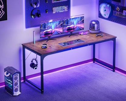 63 Inch Computer Desk for Home Office, Study Writing Table for Small Spaces, Simple Modern Desk with Headphone Hooks, Rustic Brown